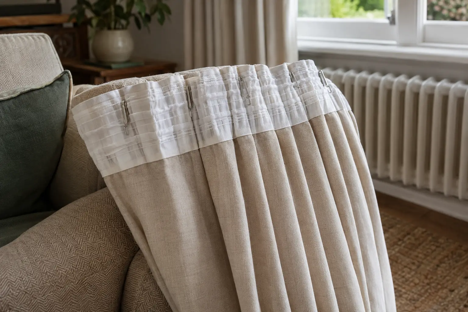 the back of a lined pencil pleat curtain laid over the arm of a chair, showing the gathered tape with rows of small hook pockets and metal curtain hooks in place