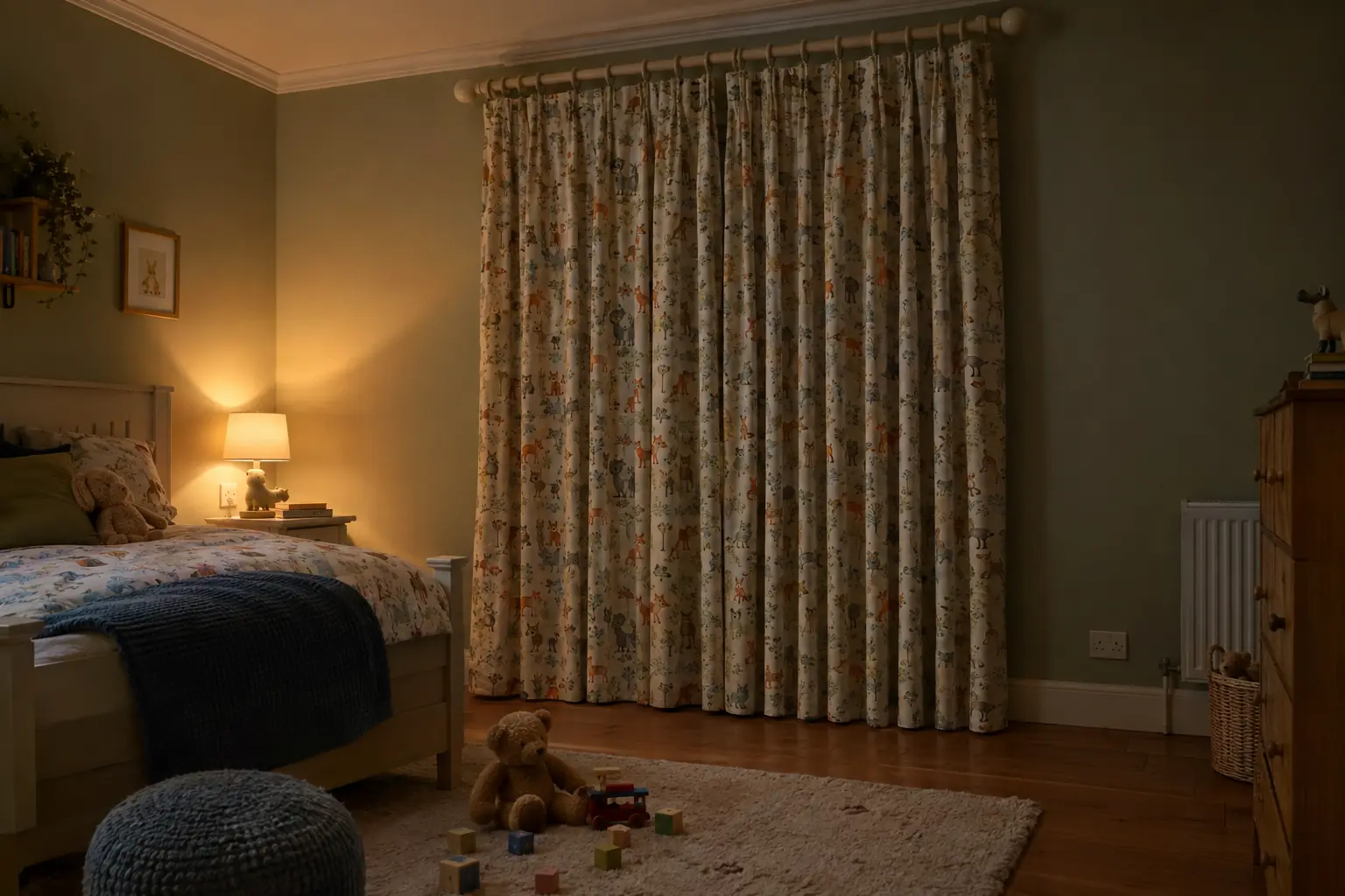 a child's bedroom at night with a single sash window, patterned pencil pleat curtains on a painted wooden pole with rings, drawn closed, a warm bedside lamp glowing and toys on a rug