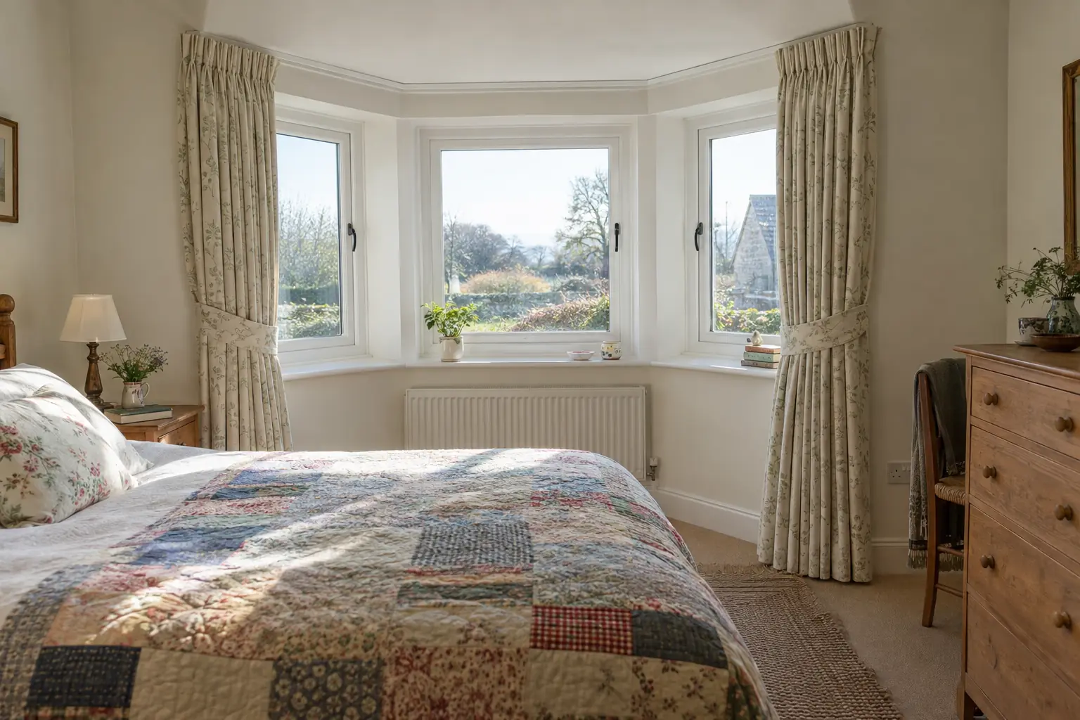 a cottage bedroom with a squared bay of three small casement windows, cream pencil pleat curtains on a white bay track following the angles, drawn back at each corner, early morning light on a patchwork quilt