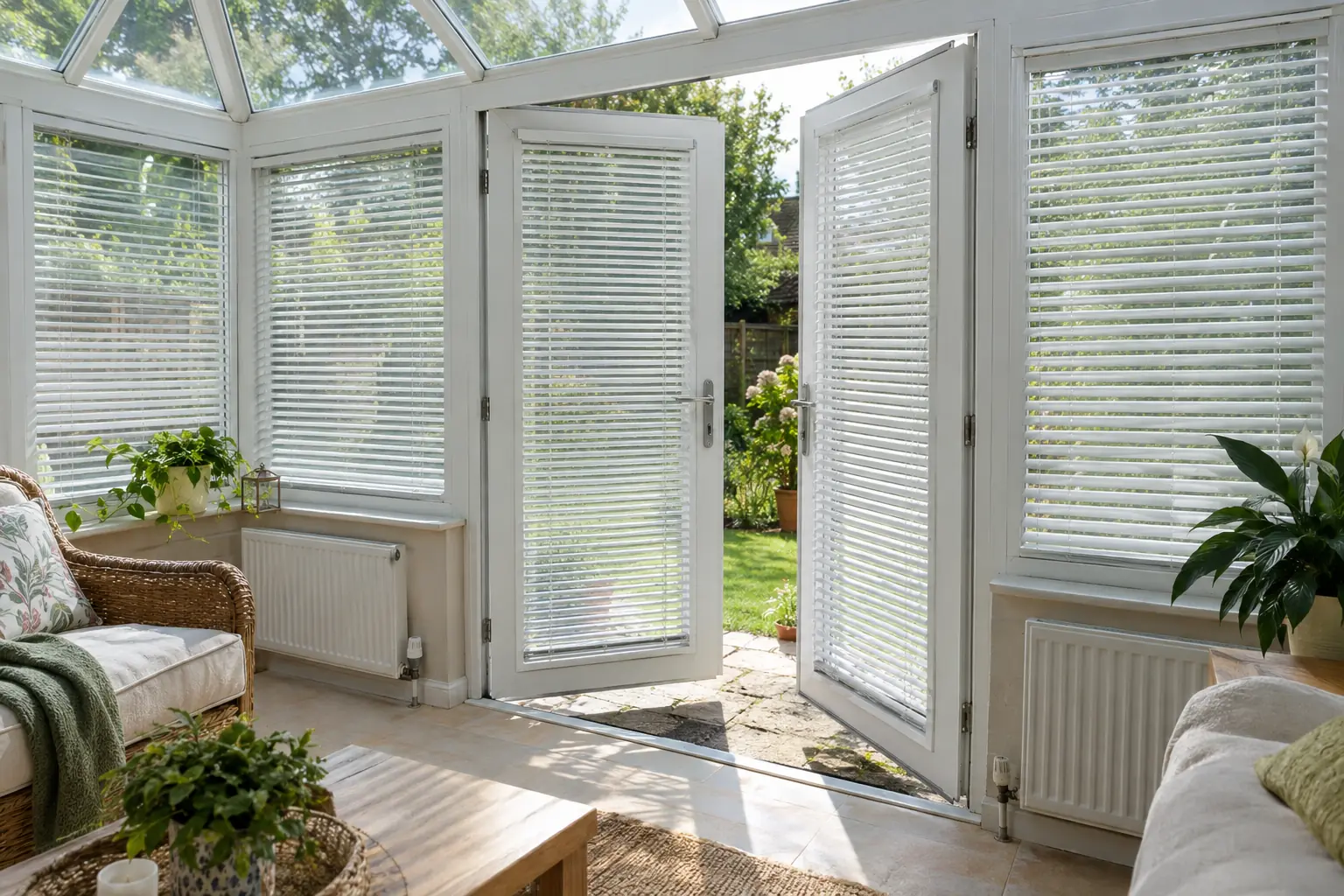 a small uPVC conservatory with French doors half open to a green garden, each glazed panel dressed with its own white metal venetian blind in a slim frame, slats tilted to soften bright afternoon sun