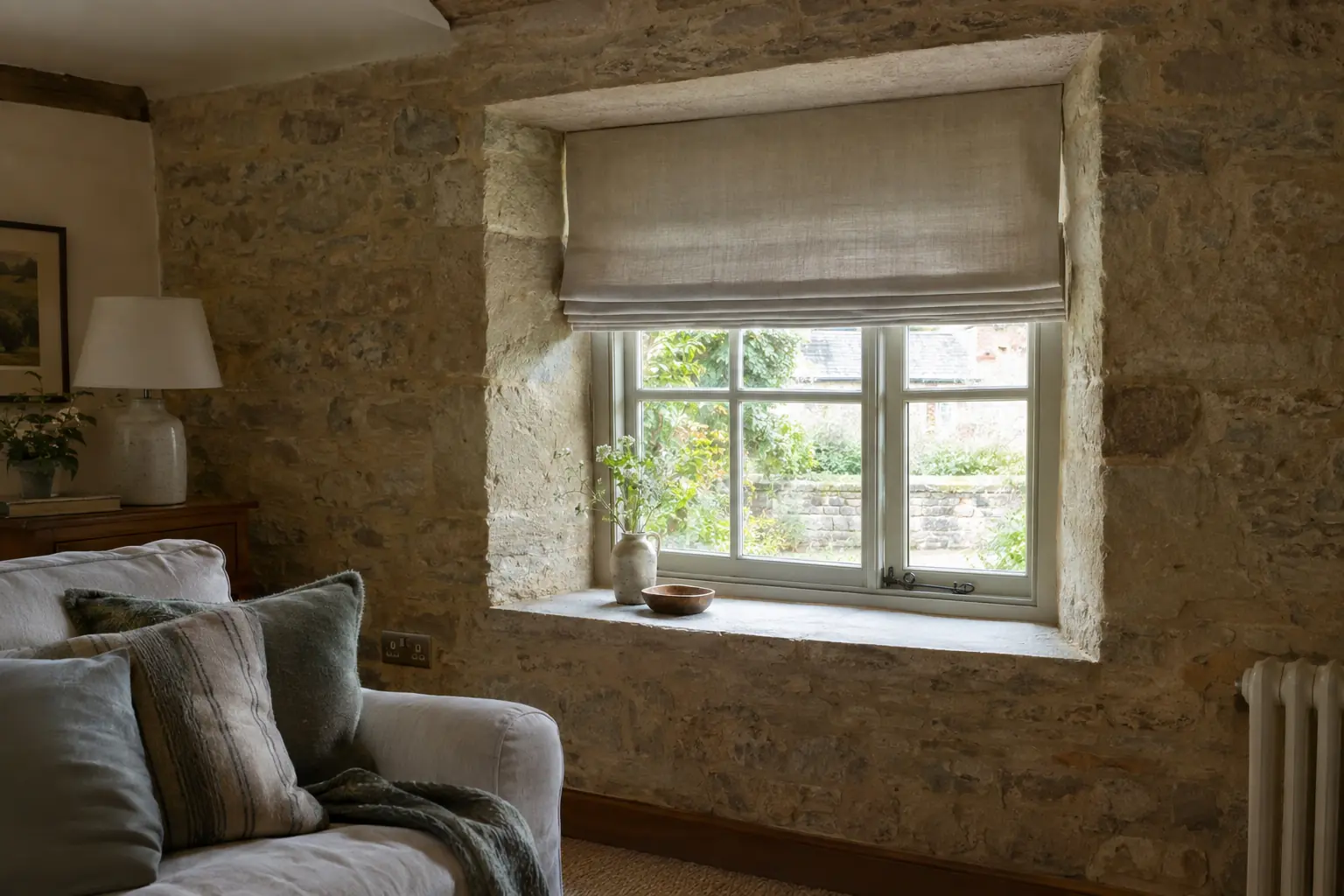 a stone cottage window set in a thick wall with a deep reveal that visibly narrows towards the sill, a plain linen roman blind fitted inside the reveal and raised halfway
