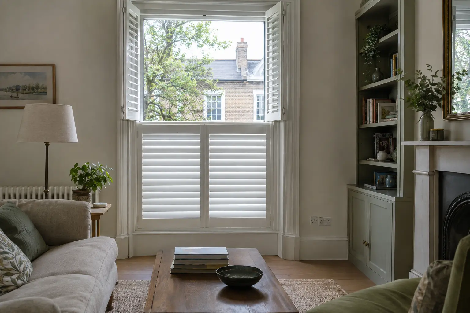 white tier-on-tier shutters fitted to a tall Victorian box sash window, the split between the tiers lined up with the meeting rail, the top tier folded open and the lower louvres closed