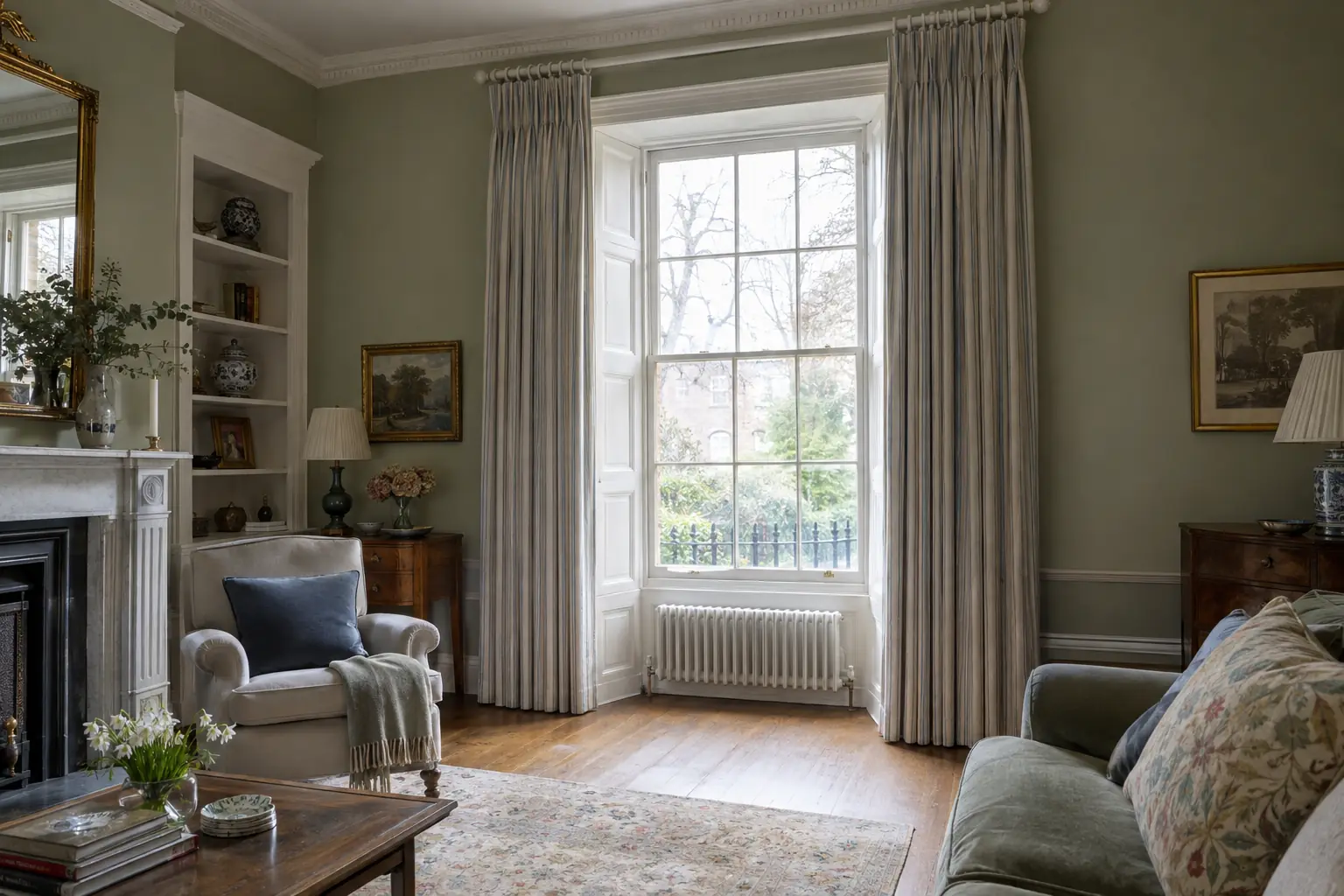 a Georgian drawing room with a tall box sash window in a deep panelled reveal, interlined pinch pleat curtains in a muted stripe hanging from a painted wooden pole set high above the window, soft winter daylight