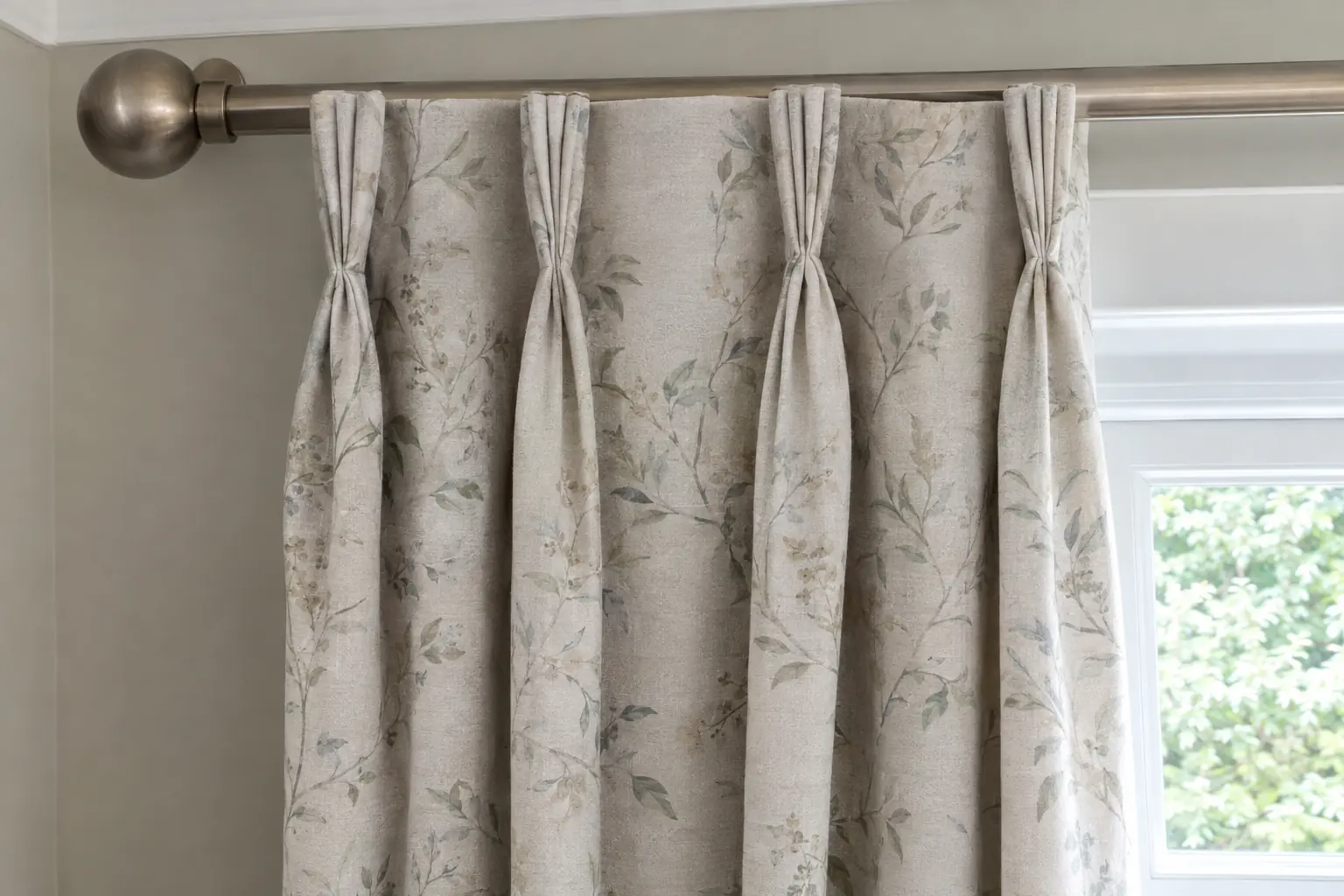a close view from the front of a triple pinch pleat heading at the top of a lined curtain, three folds stitched together at the base of each pleat with flat fabric between, evenly spaced along the width