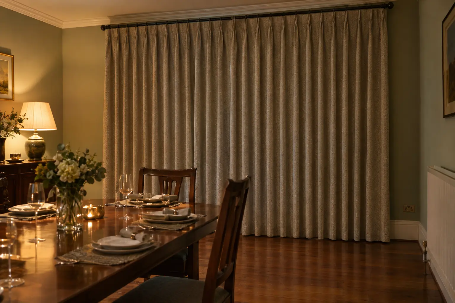 a formal dining room at dusk, a pair of pinch pleat curtains drawn closed across a wide window, the folds falling in straight columns to just above polished floorboards, a laid table and a lamp glowing in the foreground