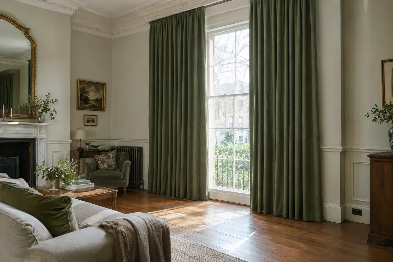 a high-ceilinged Georgian drawing room with a tall sash window, floor-length interlined pinch pleat curtains in deep sage linen hanging from a track just below the cornice, dressed open in straight even folds, soft afternoon light on the floorboards