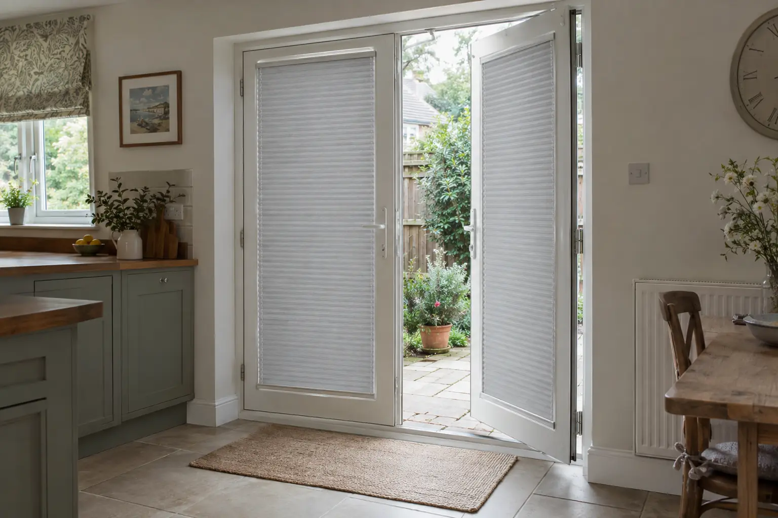 a pair of white uPVC French doors in a family kitchen, one door open onto a paved patio, each glass panel dressed with a soft grey pleated blind held taut between rails so it moves with the door