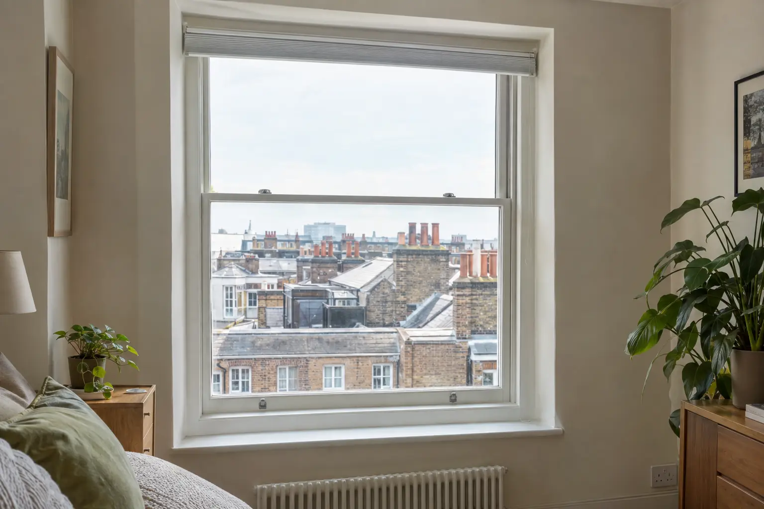 a shallow modern window reveal in a city flat with a white honeycomb blind raised into a very slim stack under a small headrail, almost all of the glass clear, rooftops and chimney pots outside