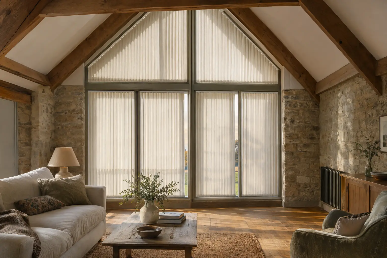 a gable-end window in a converted stone barn with triangular panes at the apex above tall rectangular panes, dressed in linen-coloured pleated blinds shaped to follow the angles, late afternoon sun and exposed oak beams