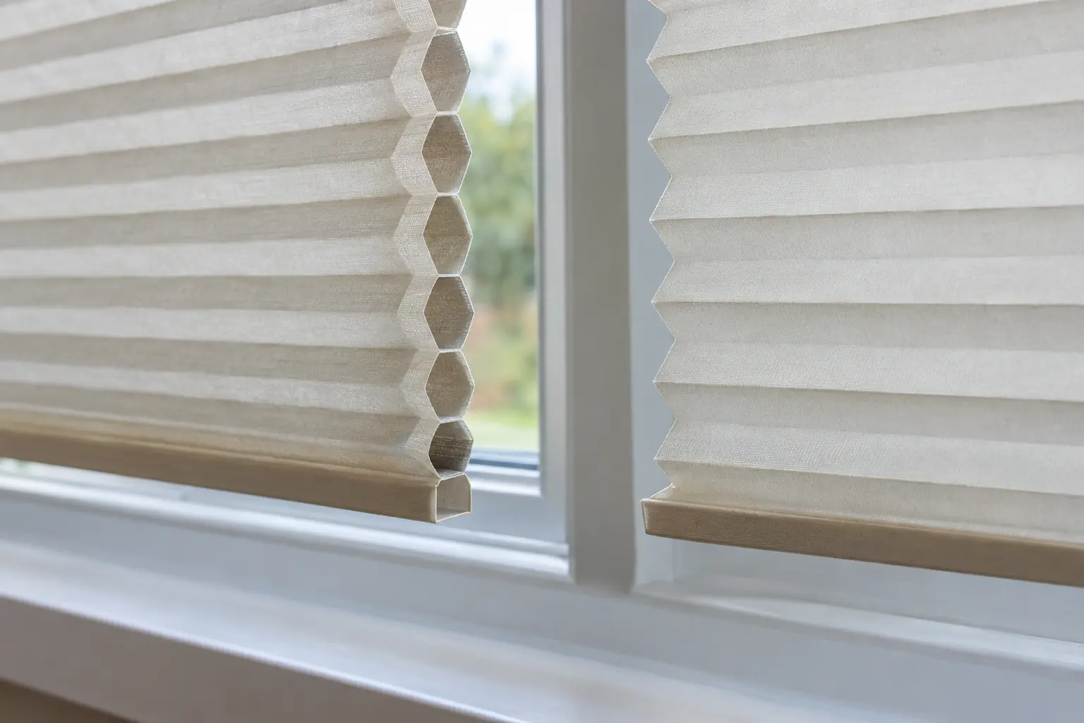 a close end-on view of the bottom edge of a honeycomb blind showing its row of hexagonal air cells, beside the thin single-layer zigzag of a pleated blind, both in pale neutral fabric against a window
