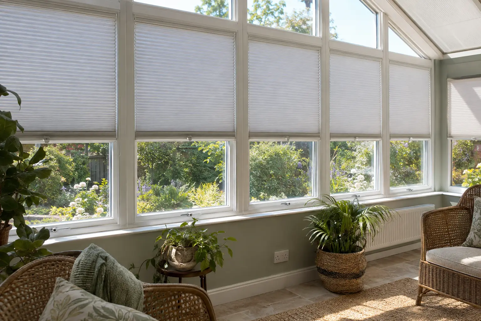 a uPVC conservatory side wall of five windows in strong summer sun, each with its own pleated blind with a pale reflective backing lowered halfway, cane chairs and potted plants in soft shade below