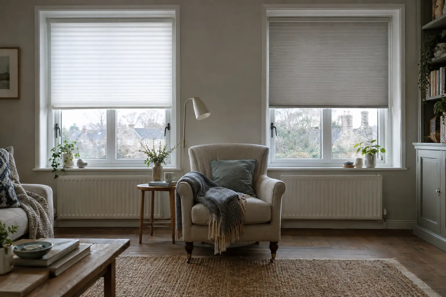 two matching casement windows side by side in a cool north-facing sitting room: the left dressed with a crisp white pleated blind half lowered, the right with a soft dove-grey honeycomb blind half lowered, pale winter afternoon light and a reading chair between them