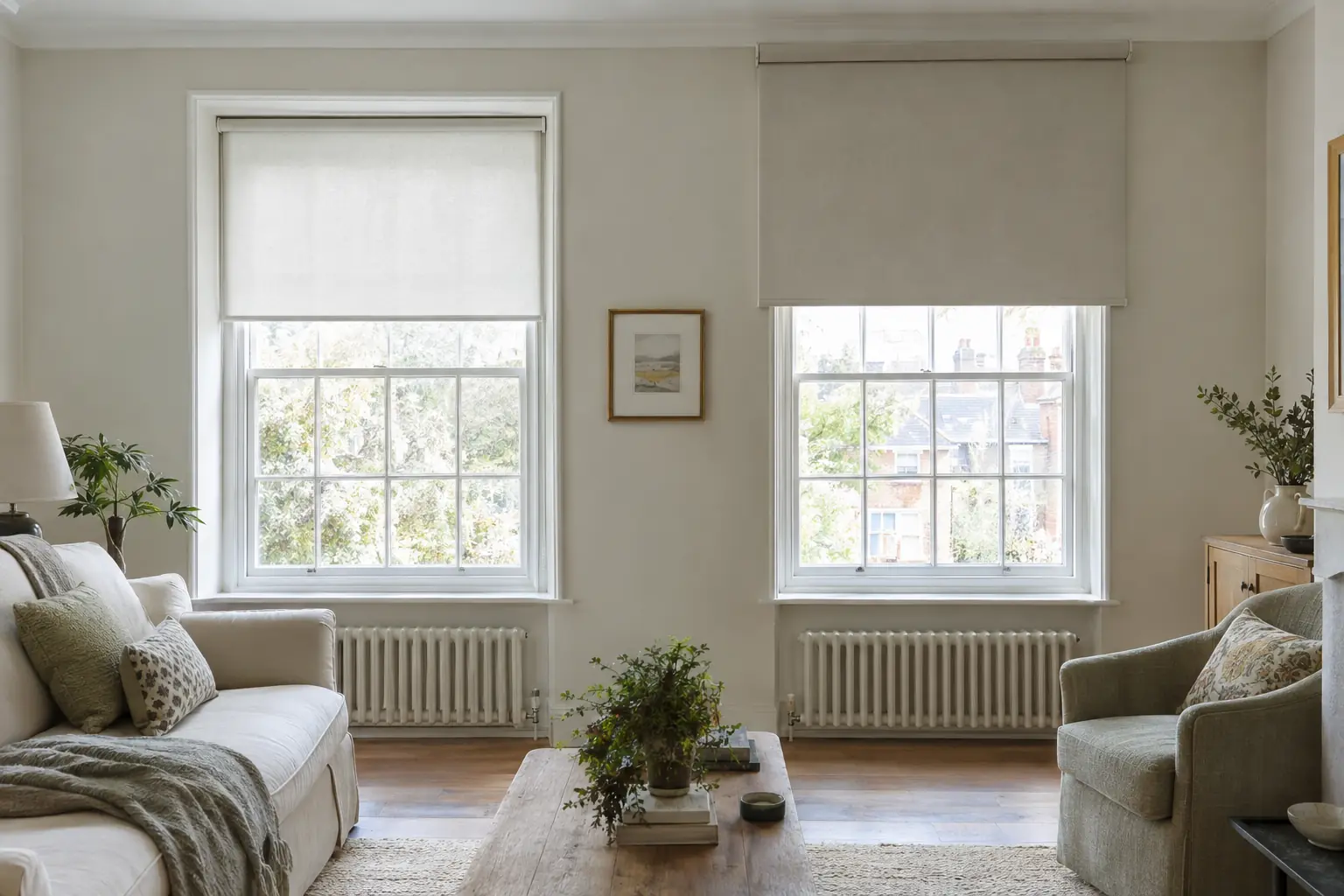 a bright living room with two identical sash windows side by side: the left window has a pale linen roller blind fitted neatly inside the deep window recess, the right window has the same blind mounted on the wall above and overlapping the opening