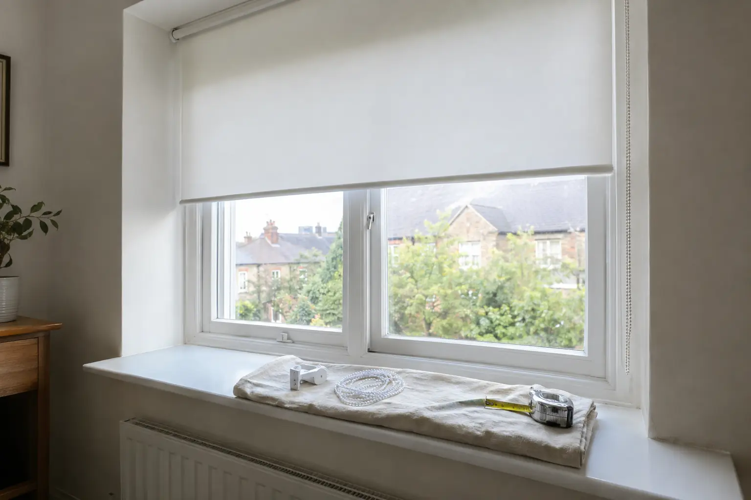a white roller blind bracket, a coil of beaded control chain and a steel tape measure laid out on a folded dust sheet on a wide window sill