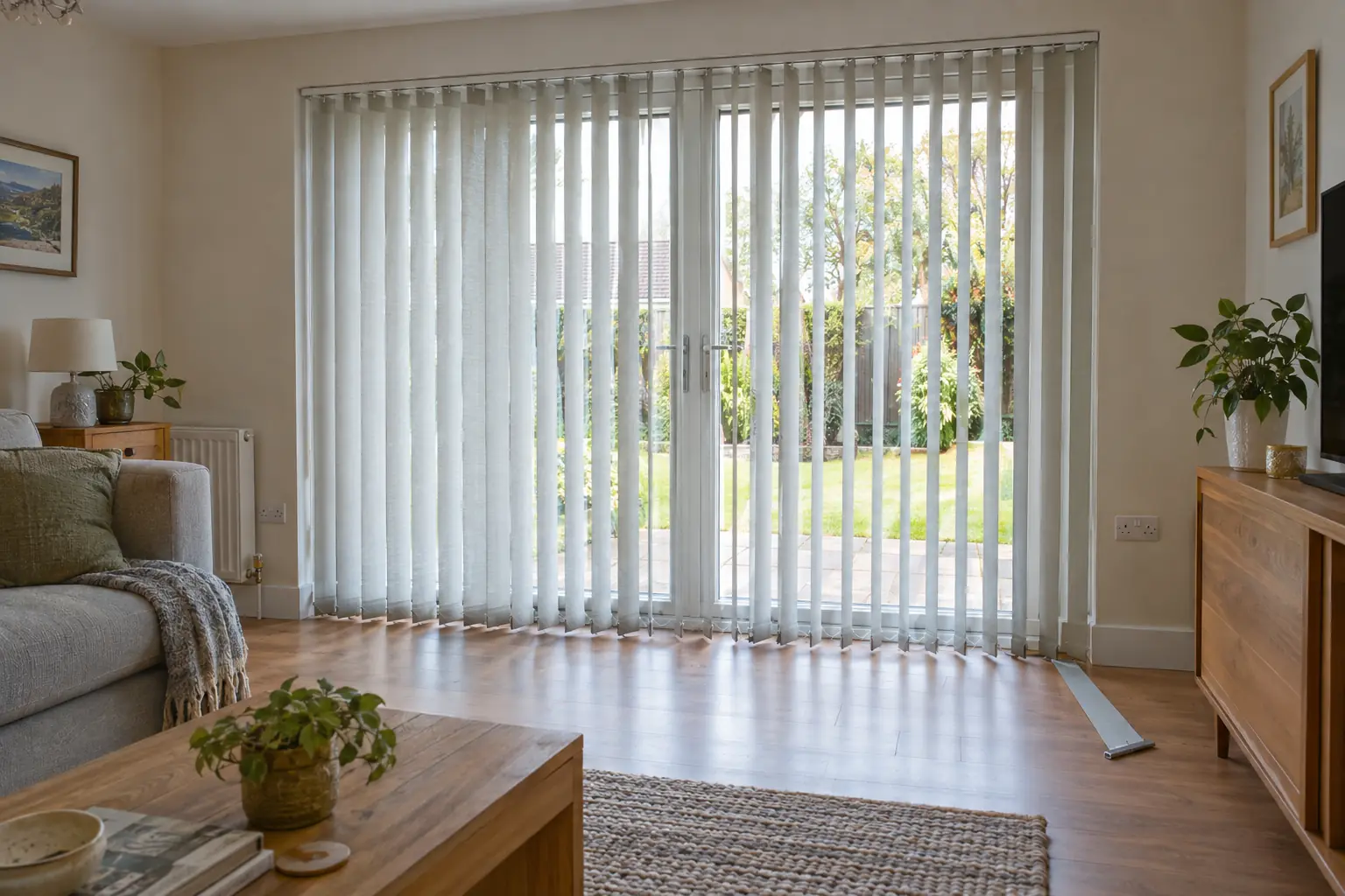 a wide set of pale grey fabric vertical blinds across patio doors in a UK living room, louvres turned open onto a garden, one louvre unclipped and laid flat on the floor beside its bottom weight