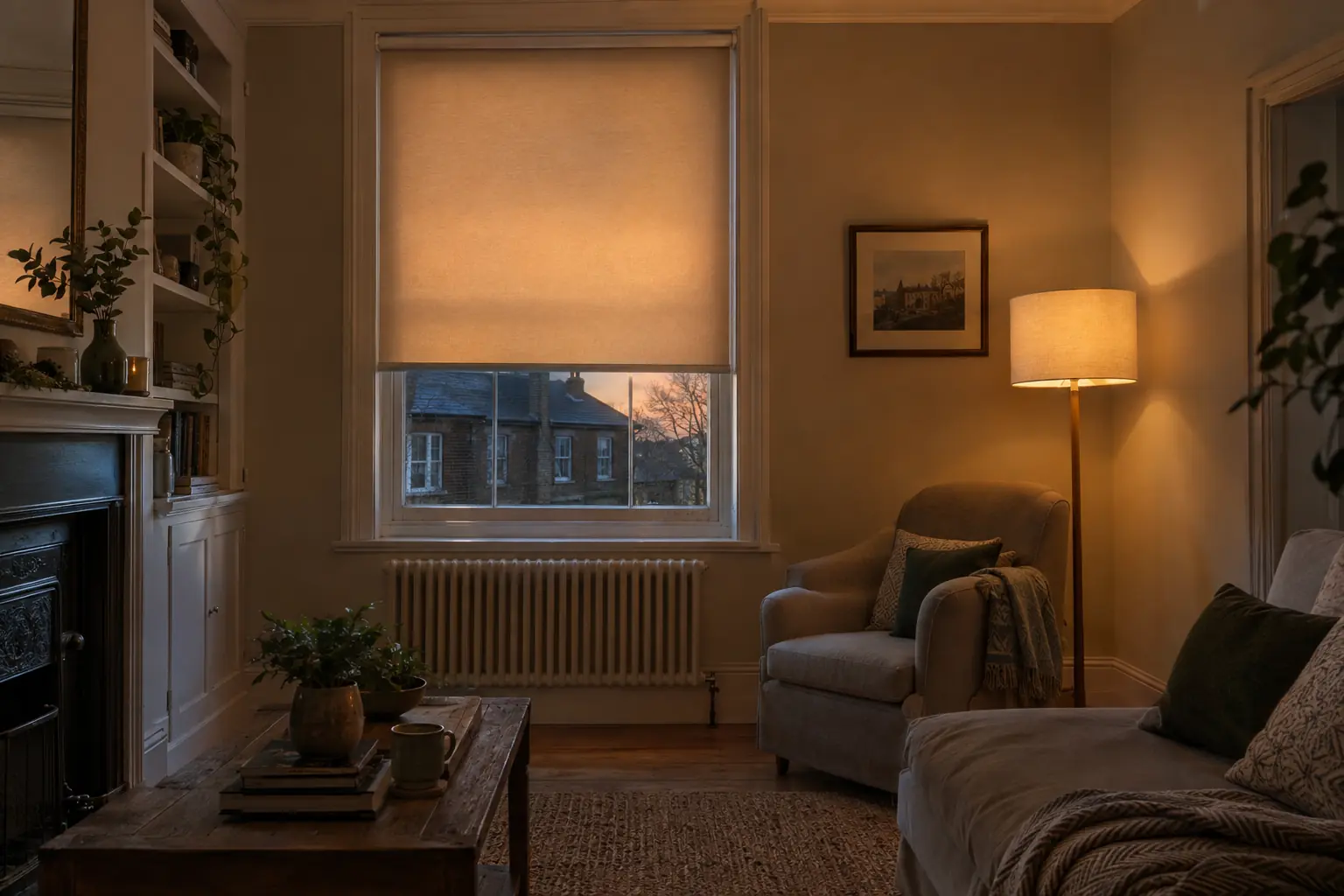 a living room in a Victorian terrace at dusk, a warm oatmeal dimout roller blind lowered over a tall sash window, a floor lamp lit beside an armchair, the fabric glowing faintly with the last of the evening light behind it