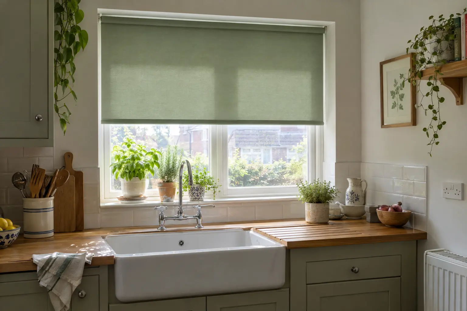 a bright kitchen in a 1930s semi-detached house, a sage green wipeable roller blind fitted inside the window recess above a white ceramic sink, half lowered, morning daylight glowing softly through the fabric onto a wooden draining board and pots of herbs on the sill