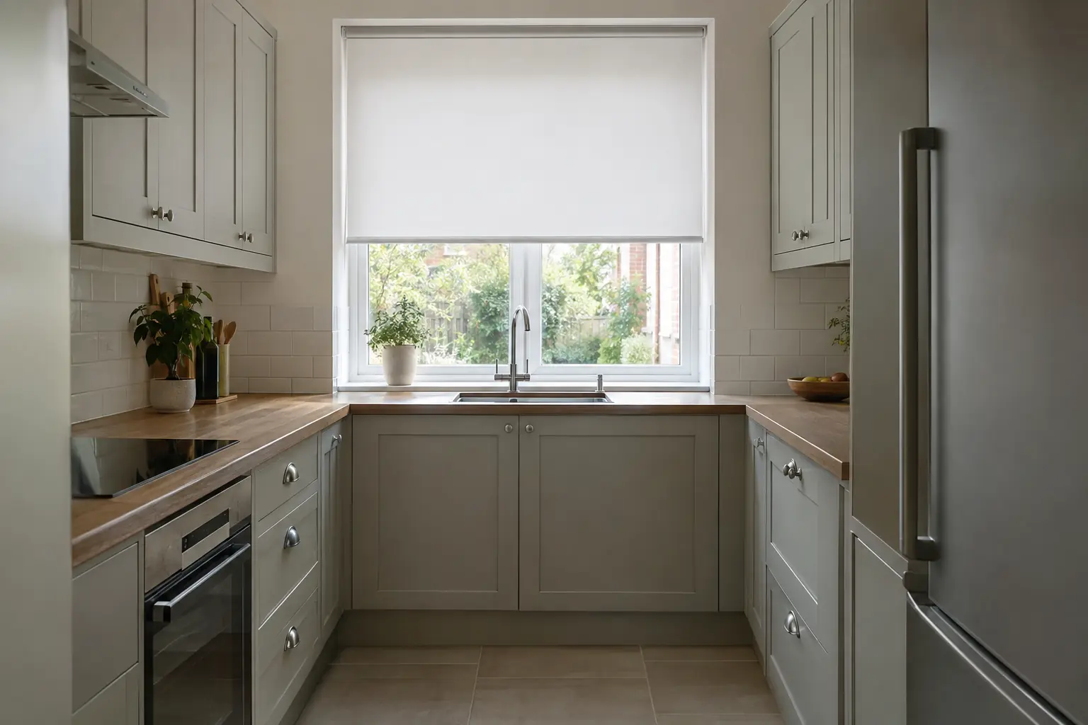 a white wipeable roller blind half lowered in the window above the sink of a modern galley kitchen, the tube barely visible at the top of the recess and a tiled splashback below