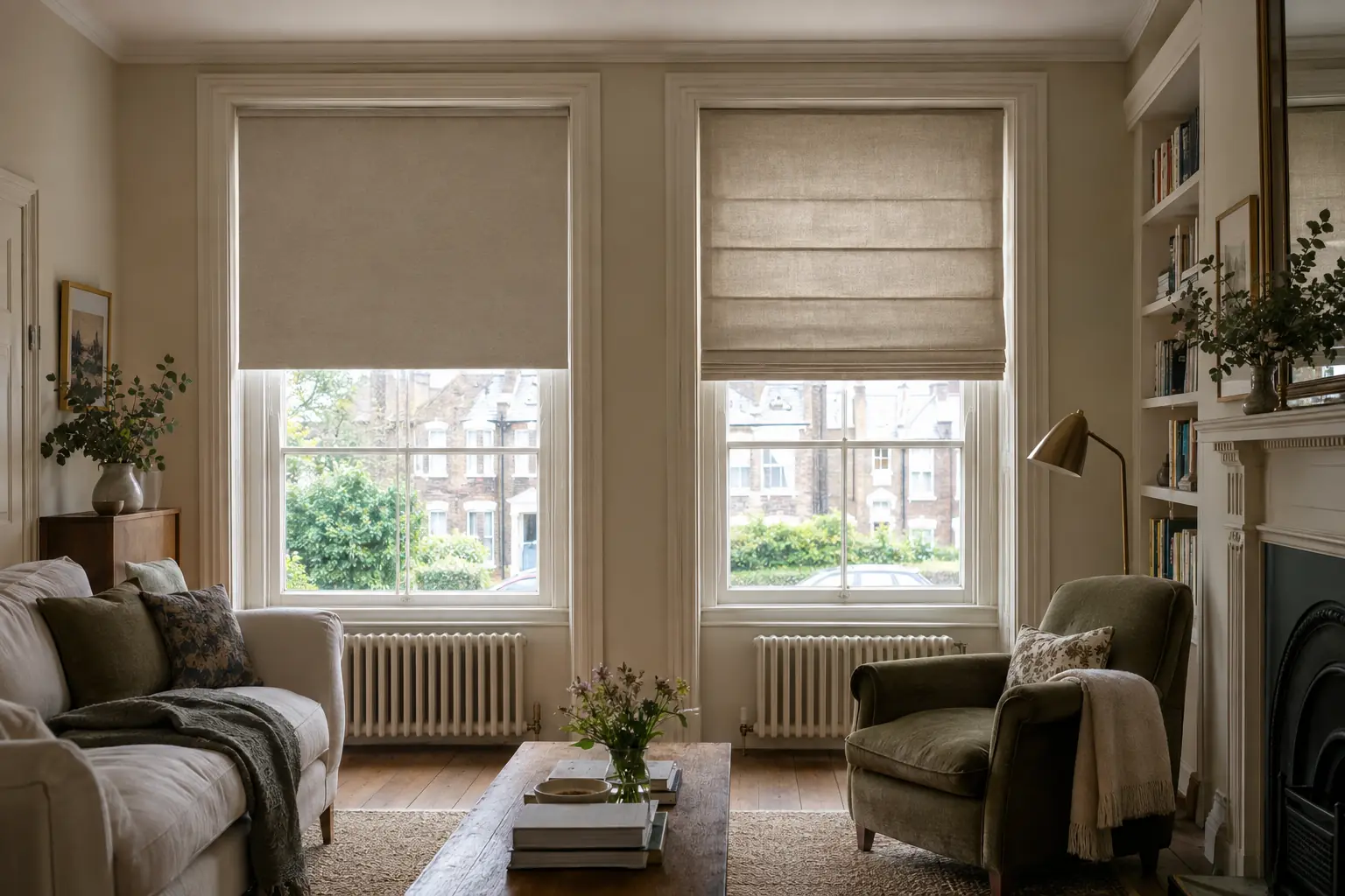 two tall matching windows side by side in an Edwardian living room: the left dressed with a plain oatmeal roller blind half lowered as a flat panel, the right with a roman blind in a similar oatmeal linen showing soft horizontal folds