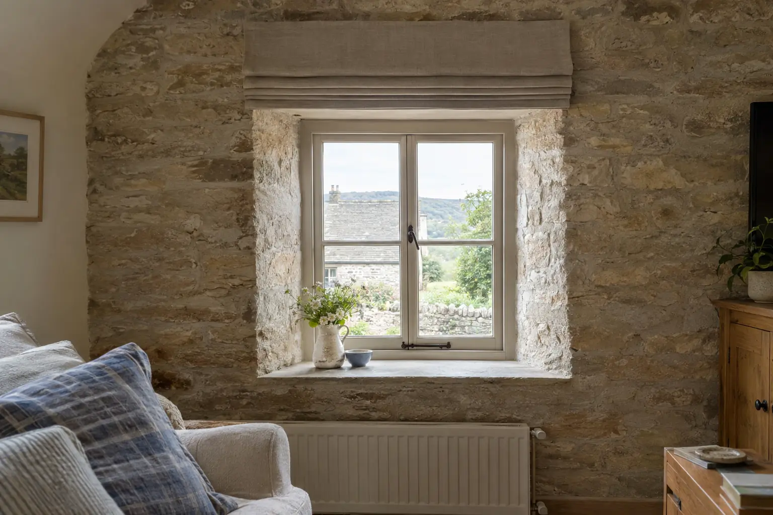 a short cottage window with thick stone walls and a roman blind in natural linen fitted on the wall above the reveal, raised so its neat stack of folds sits on the wall and the whole of the glass is clear