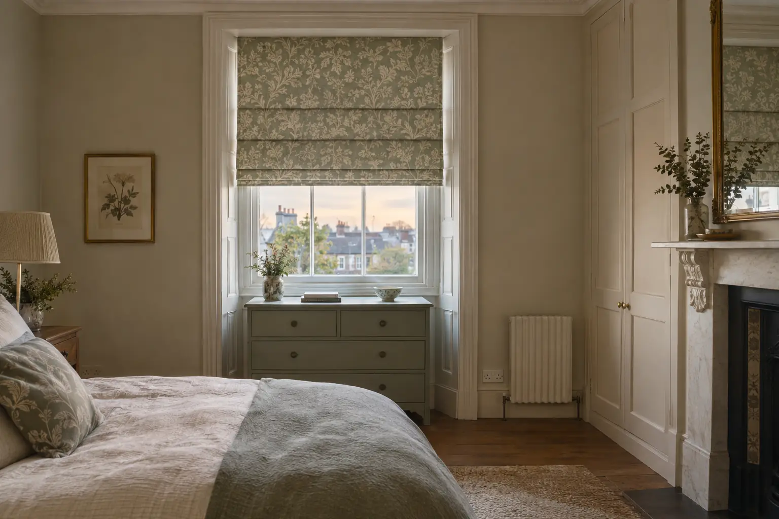 a Georgian-style bedroom with a tall sash window dressed in a sage and cream patterned roman blind, lowered halfway so its soft horizontal folds catch the evening light, a painted chest of drawers beneath the window