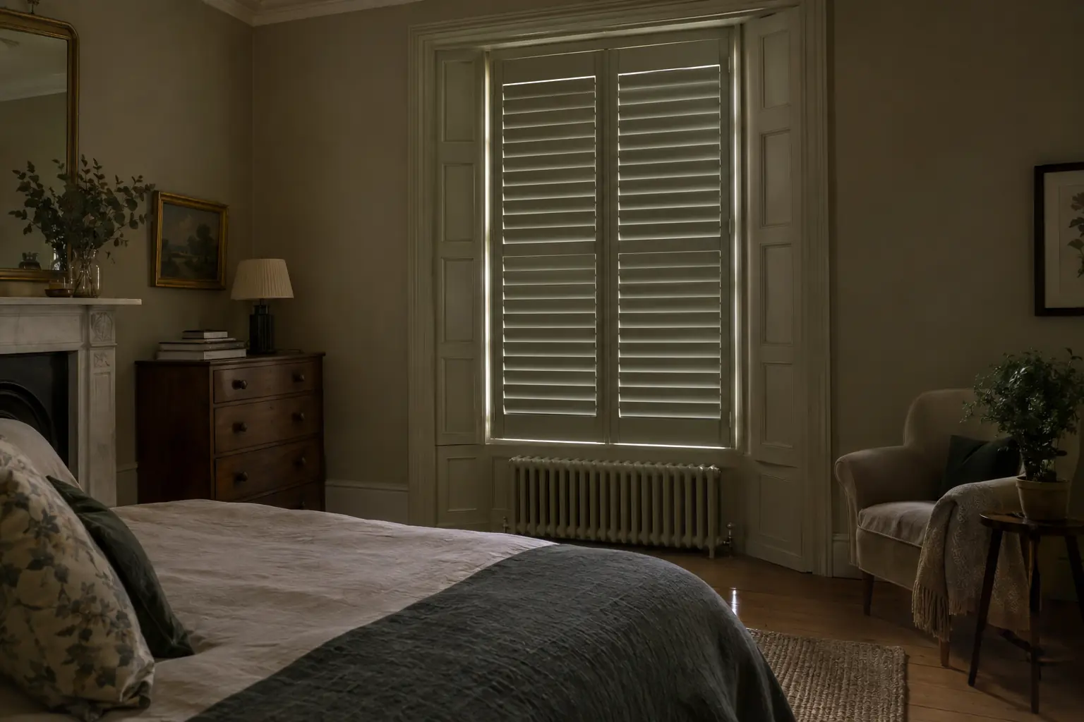 a Georgian bedroom with solid raised-panel shutters closed over a tall box sash window, a faint line of early light showing at the panel edges