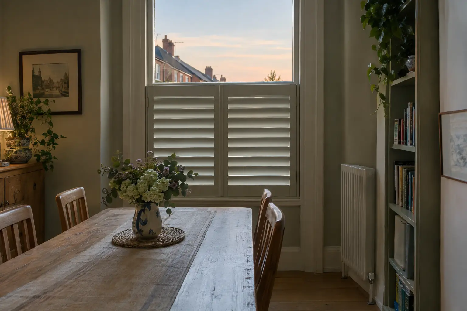 a small street-facing dining room window with café-style shutters on the lower half and a pale evening sky through the clear glass above