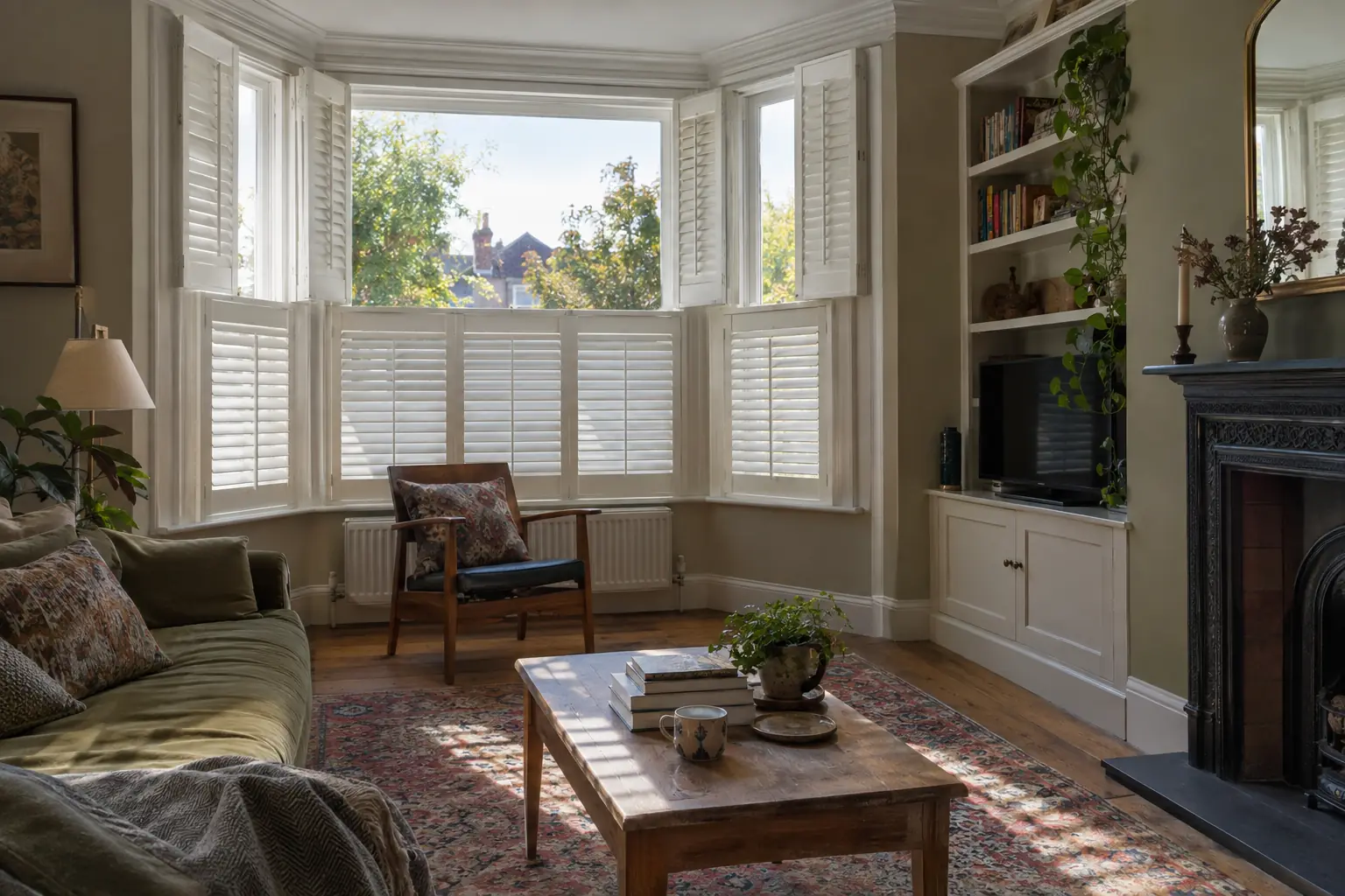 the front room of an Edwardian terrace with white tier-on-tier shutters, the top tier folded open to show sky and treetops and the bottom tier closed with its louvres angled, morning light across a patterned rug