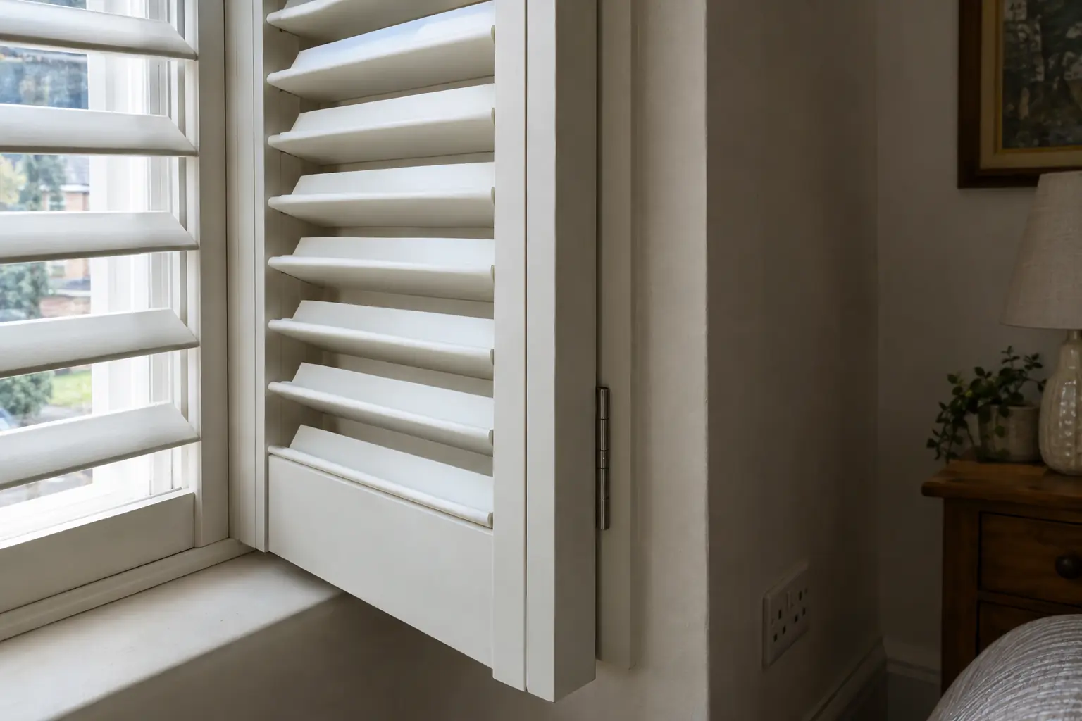 a close view of the edge of a painted shutter panel inside a plastered window reveal, showing the louvres, a hinge and the frame fixed square to the opening