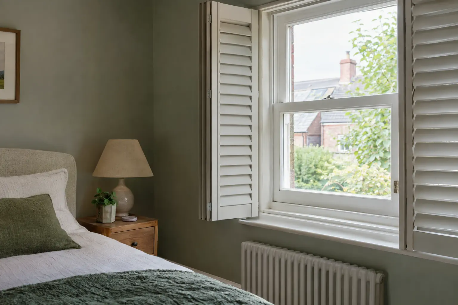 a bedroom corner where an open shutter panel folds back flat against the wall beside the window, clear of a bedside table and lamp