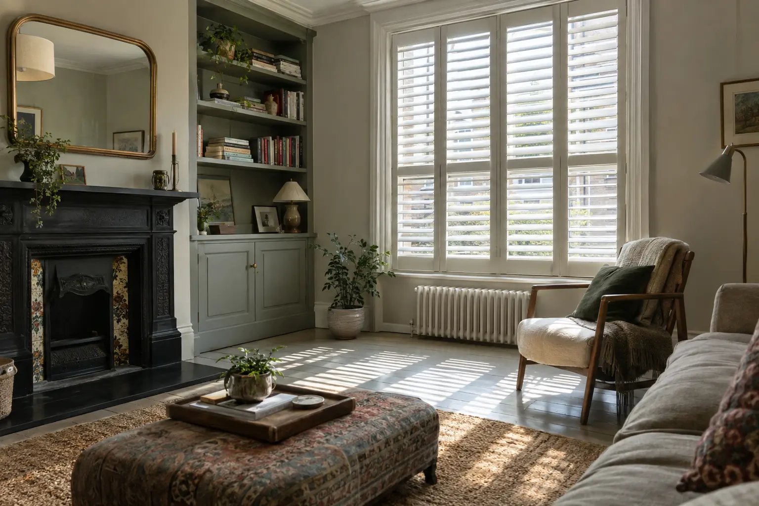a Victorian terrace front living room with a tall sash window fitted with white full-height shutters, the louvres tilted half open, soft afternoon light falling in bands across wide painted floorboards
