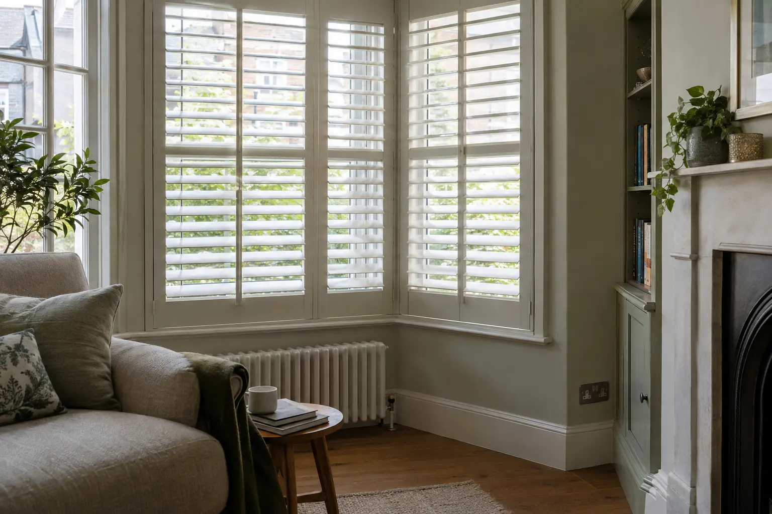 looking into one corner of a splayed bay where two shutter frames meet at an angle, the louvres lining up at the same height on both faces