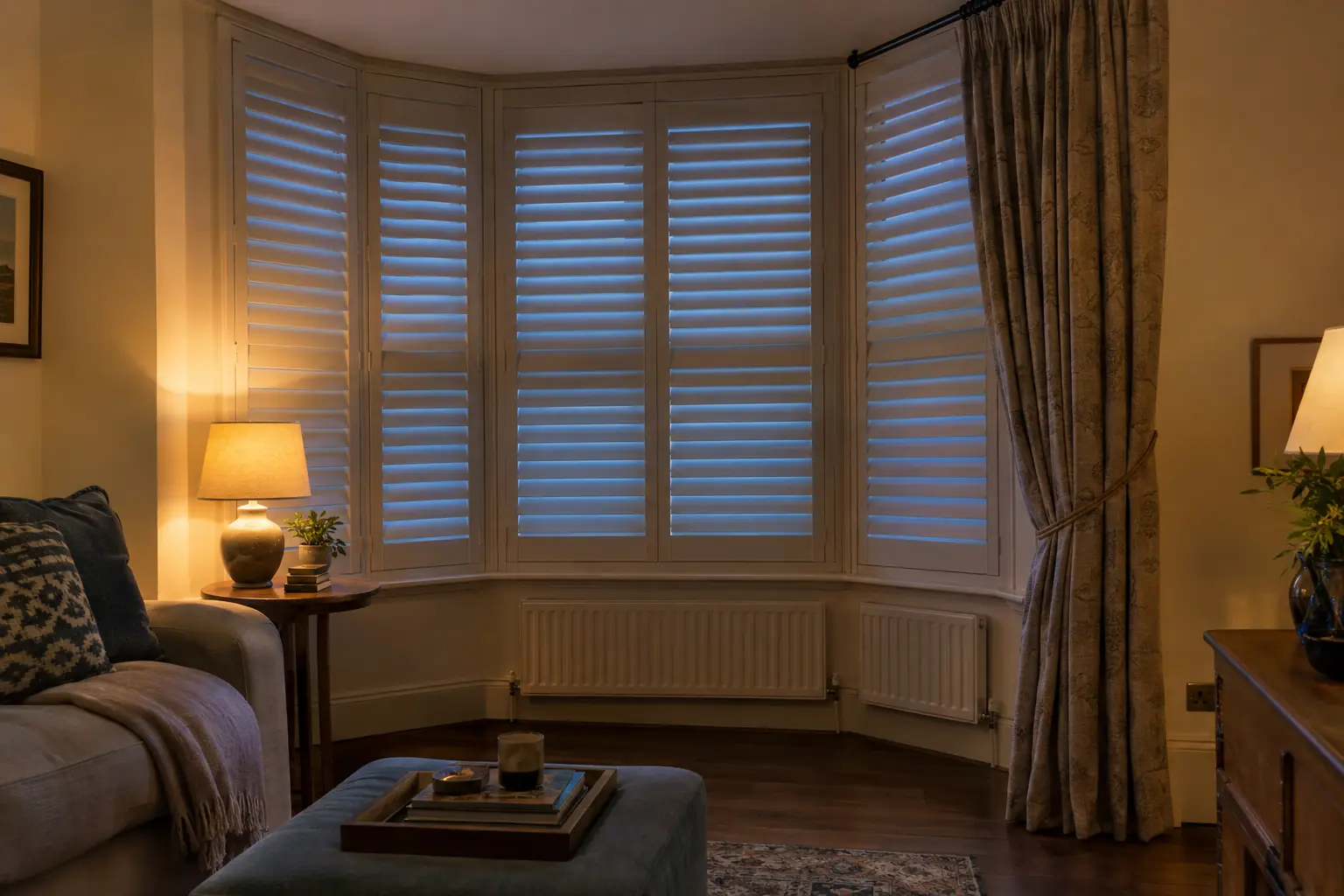 a bay window at dusk seen from inside, every shutter panel closed, table lamps glowing and a lined curtain on a bay pole drawn back at one side
