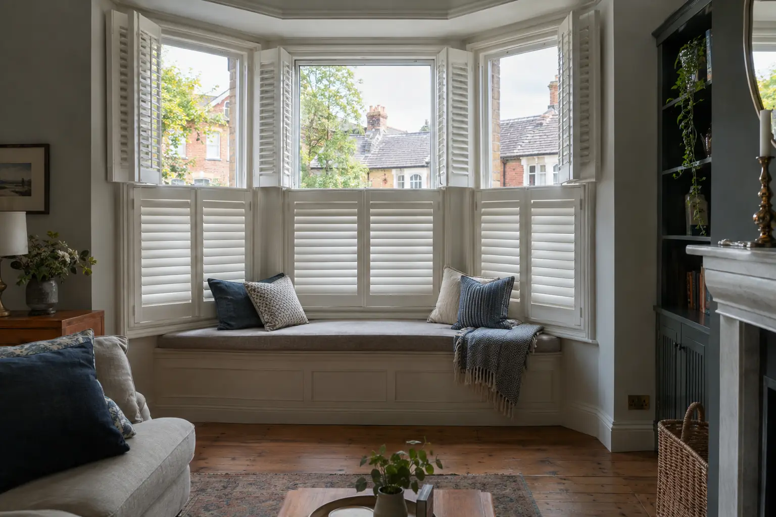 a three-sided Victorian bay window in a front sitting room, white tier-on-tier shutters on every face with the top tier folded back to the sky and the bottom tier closed, a cushioned window seat below