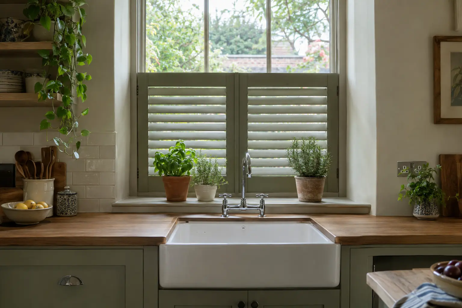 a cottage kitchen sink beneath a window fitted with short café-style shutters on the lower half, herb pots on the sill and the garden visible through the clear upper glass
