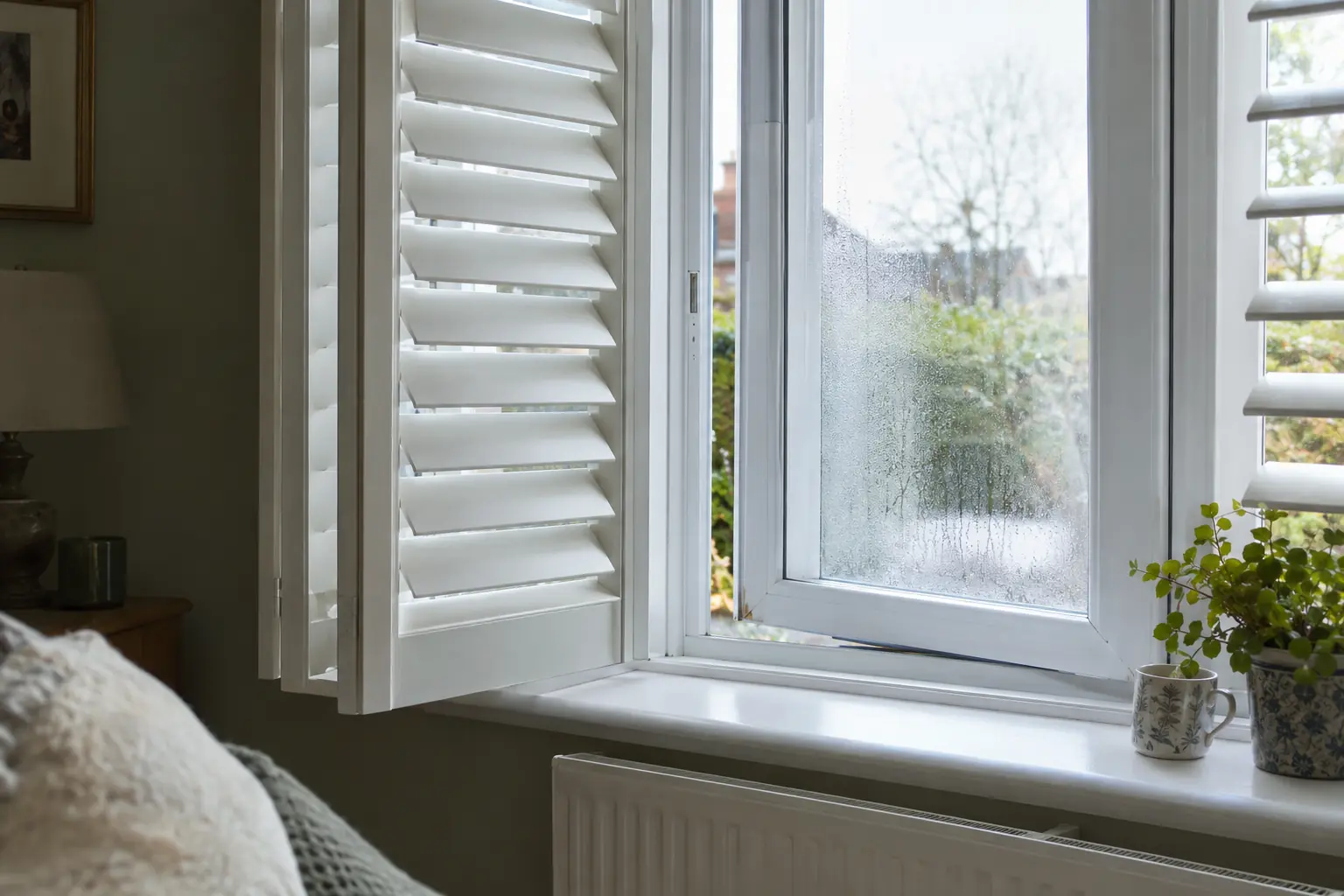 a close view of white waterproof shutter louvres tilted open beside a partly opened casement window, beads of condensation clearing from the glass