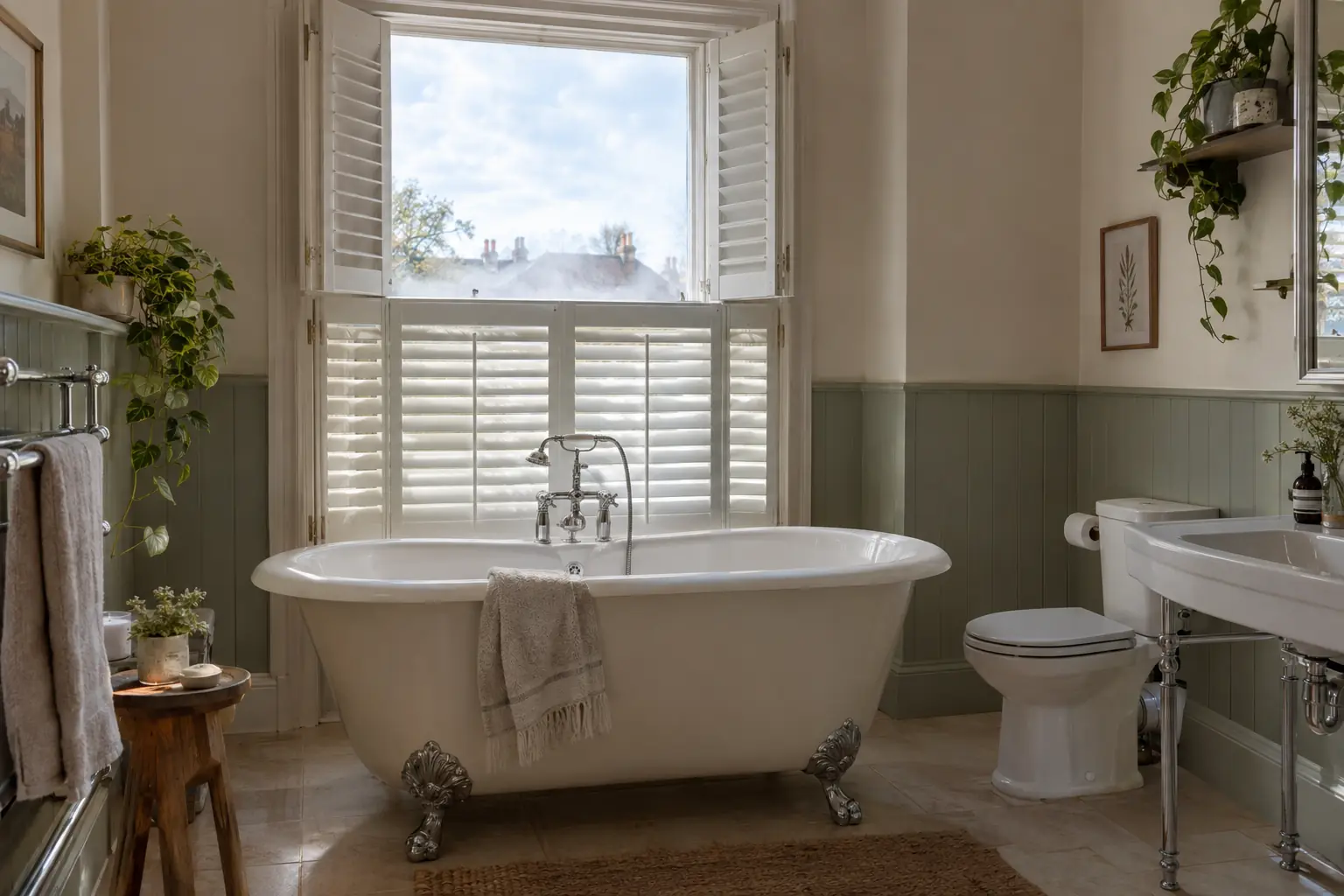 a bright bathroom with a roll-top bath beneath a tall sash window dressed with white tier-on-tier shutters, the top tier folded open to the sky and the lower louvres tilted part-closed, a faint mist of steam on the glass