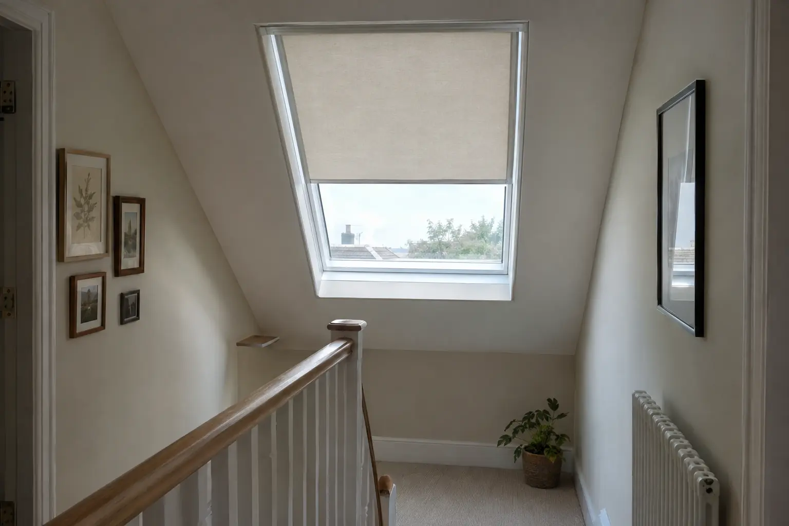 a roof window high above a stairwell seen from the landing below, a pale fabric skylight blind held flat against the sloping glass and stopped halfway down