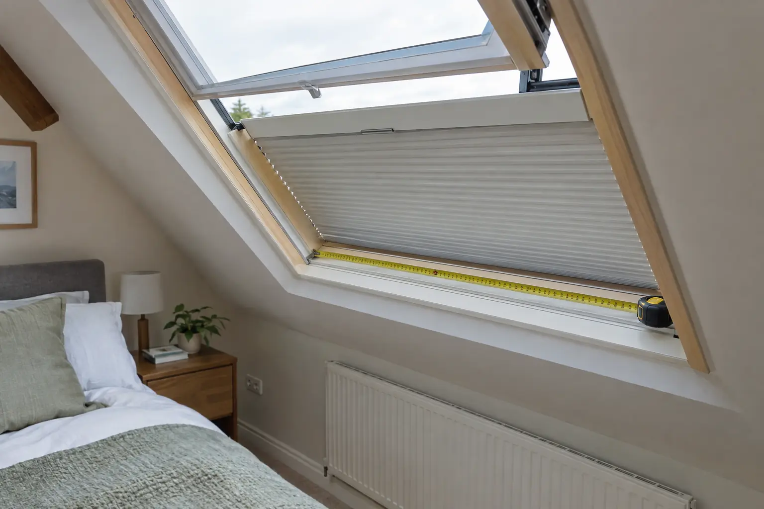 an open roof window sash in a loft bedroom showing the inside face of the window frame where a blind fits, with a steel tape measure resting across the frame