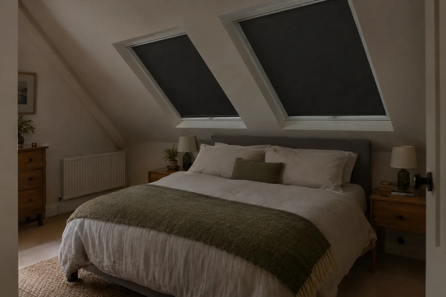 a loft conversion bedroom in a Victorian terrace with two roof windows set into the sloping ceiling above a made bed, both fitted with charcoal blackout skylight blinds pulled fully closed, the room in soft dim morning light