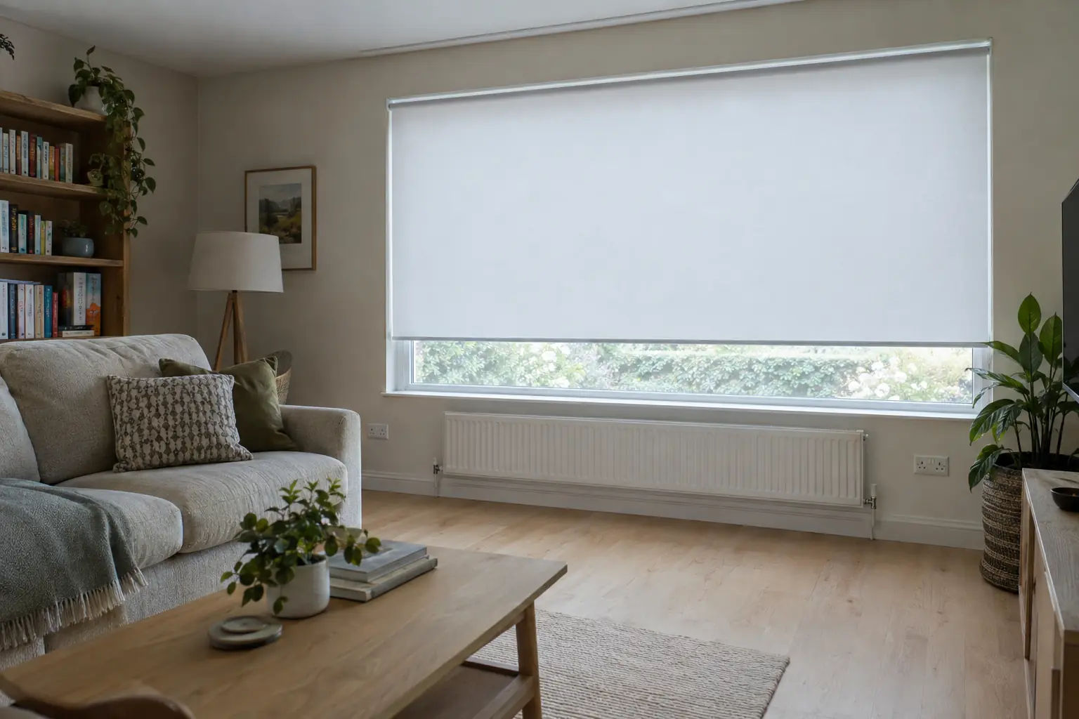 a south-facing living room in a modern house on a bright summer afternoon, a white thermal roller blind lowered over a large picture window, the room cool and shaded, a sofa and a pale wooden floor with no patches of sun on it