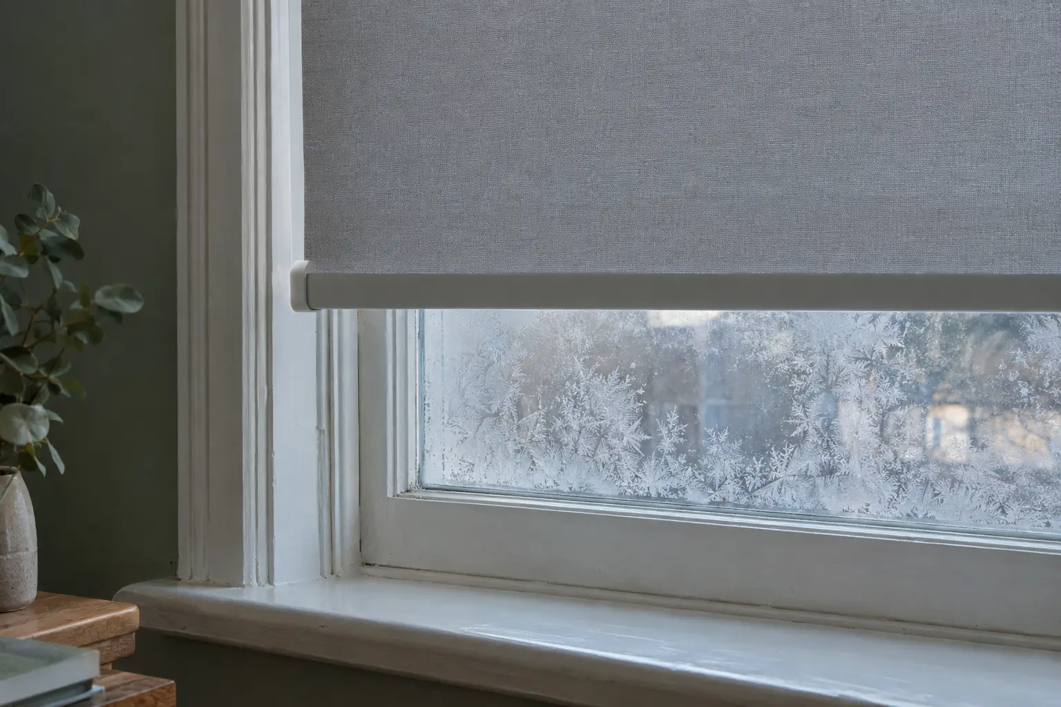 a close view of the edge of a thermal roller blind hanging just in front of an old single-glazed sash window, frost patterns on the outside of the glass and a painted wooden sill below