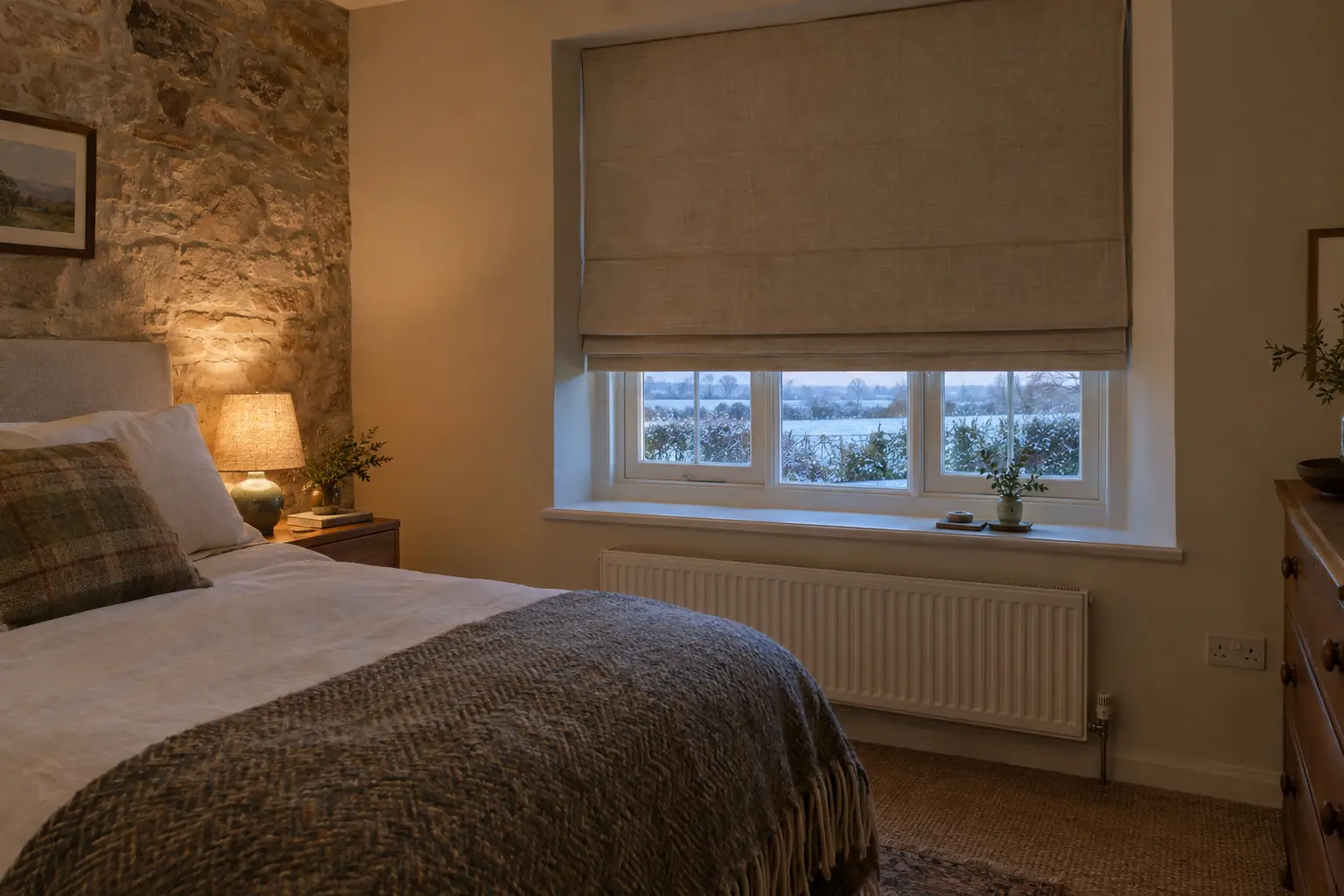 a north-facing bedroom in a stone cottage on a frosty winter evening, a thick oatmeal roman blind with a thermal lining lowered inside a deep window recess, a white radiator below the sill left uncovered, lamplight and a wool throw on the bed