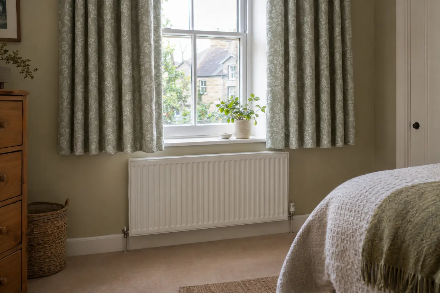 a white panel radiator under a window with sill-length thermal curtains stopping just above the sill, so the radiator and the floor below are left uncovered in a cosy bedroom