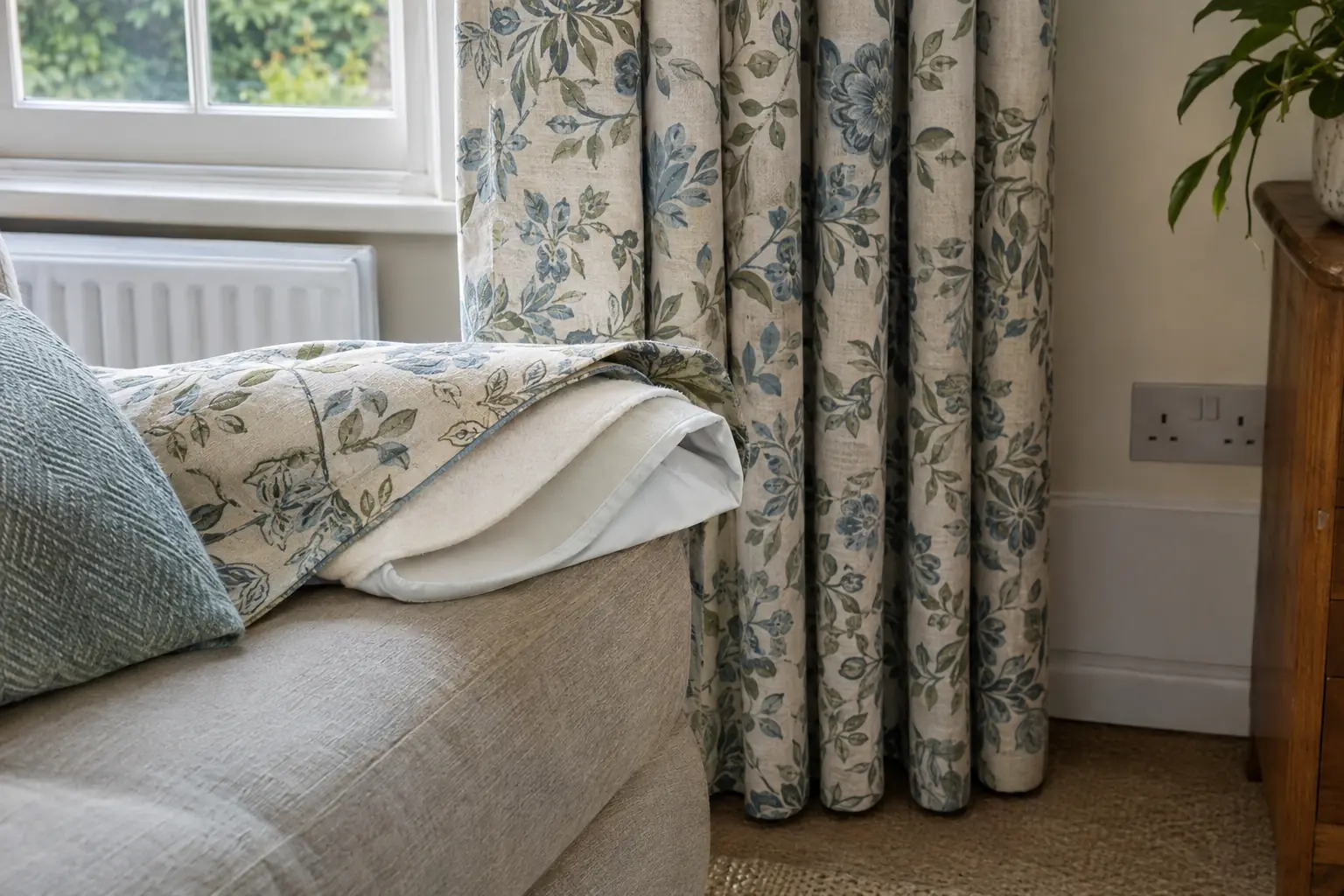 the bottom corner of a curtain folded up over the arm of a sofa to show three layers at the hem: the face fabric, a soft thick interlining and a pale lining
