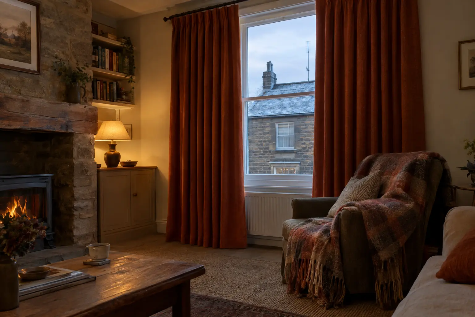a stone-built terraced house sitting room on a winter evening, heavy interlined curtains in a rust-coloured wool drawn to the floor across a single-glazed sash window, a lamp lit, a woollen throw over an armchair and frost on a neighbouring roof just visible above the pole