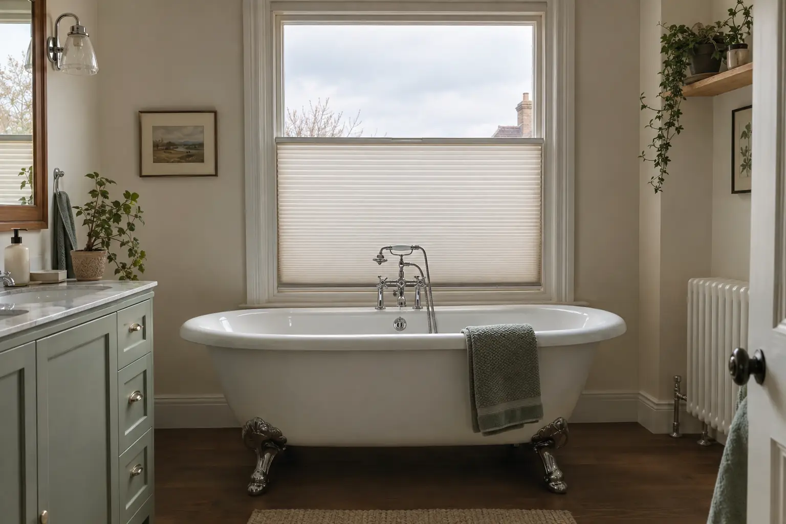 a bathroom with a white roll-top bath beneath a window whose pale pleated blind covers the lower half of the glass while the top half shows a soft grey sky, a folded towel on the bath edge