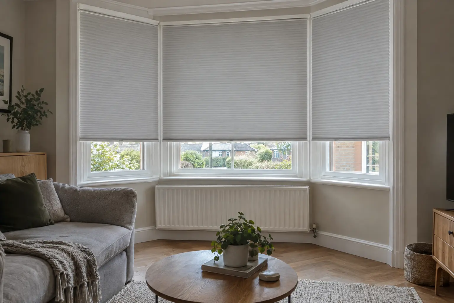 a three-window bay in a 1930s semi-detached house seen from inside, each window with a light grey honeycomb blind lowered from the top to exactly the same height, forming one straight line of fabric round the bay
