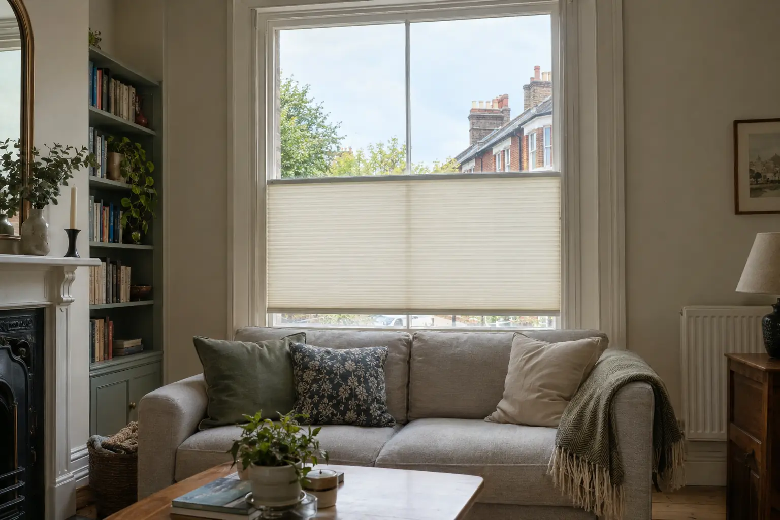 a ground-floor front room in a red-brick Victorian terrace seen from inside, a cream pleated blind lowered from the top so it covers only the lower half of a tall sash window, pale sky and the tops of street trees visible through the clear upper glass, a sofa beneath the window