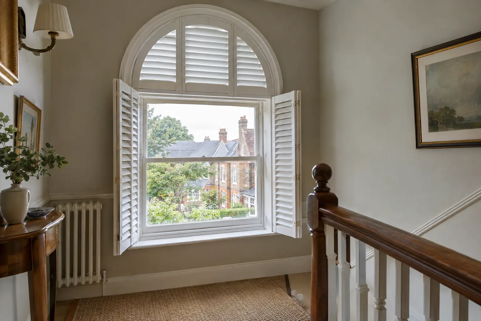 an arched window on a Victorian stair landing fitted with a white shaped shutter that follows the curve of the arch, the lower panels folded back